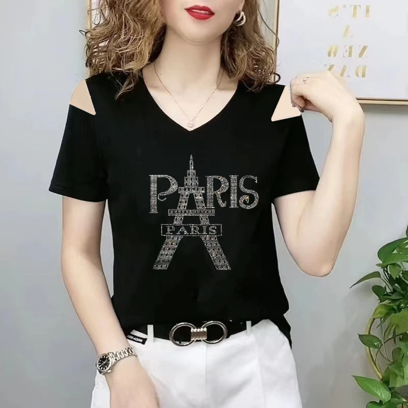 夏季黑色新款露肩短袖t恤女士V领正肩短上衣半袖显瘦百搭女装体恤