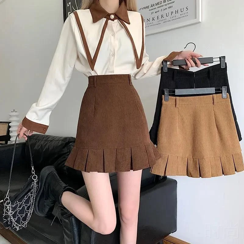 潮潮子诺小个子a字半身裙子秋冬2023新款女设计感小众灯芯绒百褶