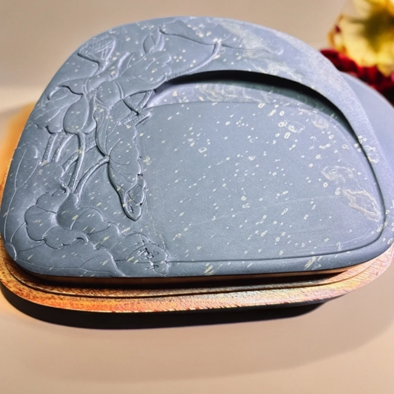 歙砚老坑砚台龙尾山原石书法水舷坑水波金星荷花砚带盒13.5×11×2