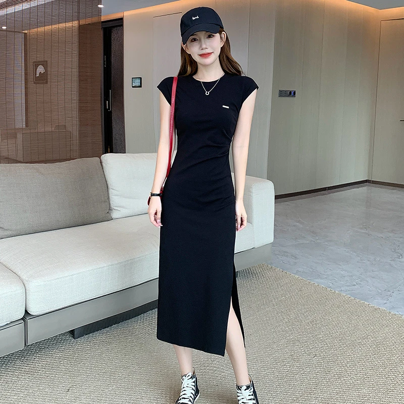 后妈裙2025新款爆款洋气休闲显瘦长款气质开叉A字连衣裙黑裙长裙