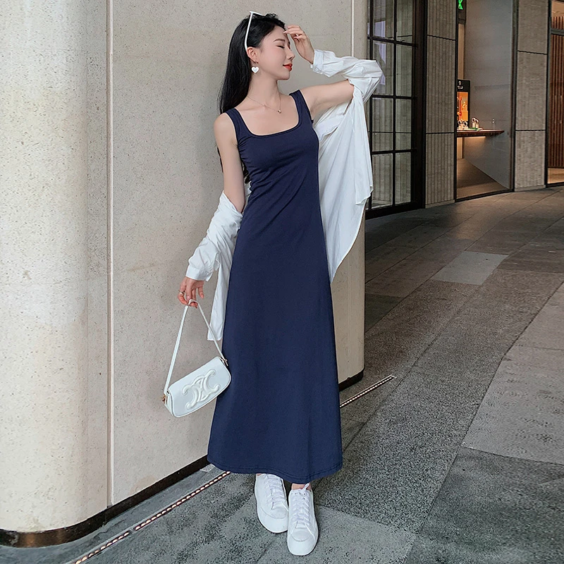 夏天裙子连衣裙休闲显瘦莫代尔背心加长裙a字裙黑色吊带裙高级感