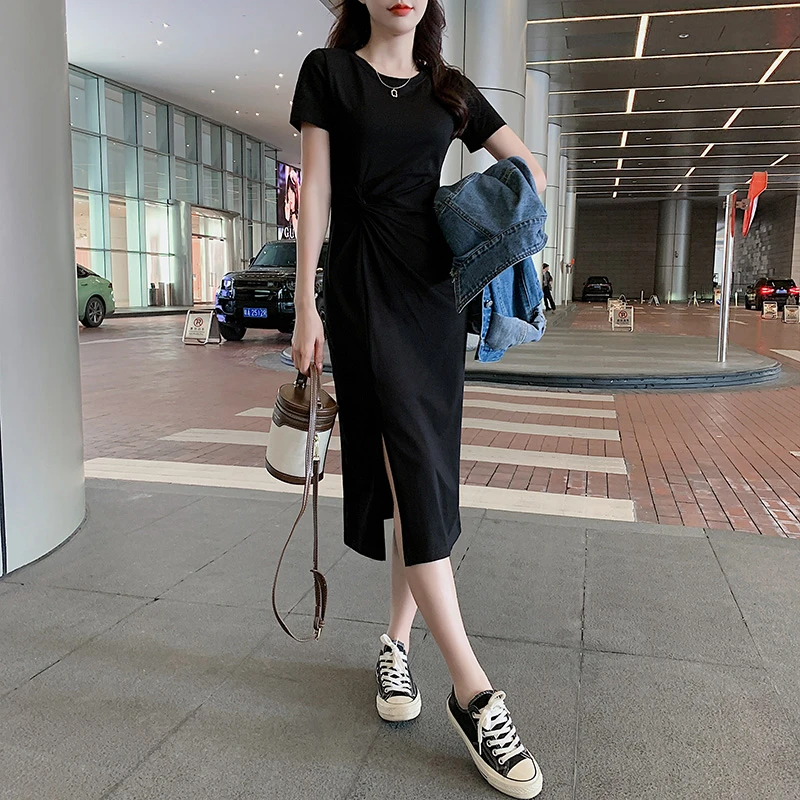 女装新款2025年新款棉休闲显瘦中长款扭腰开叉大码气质连衣裙