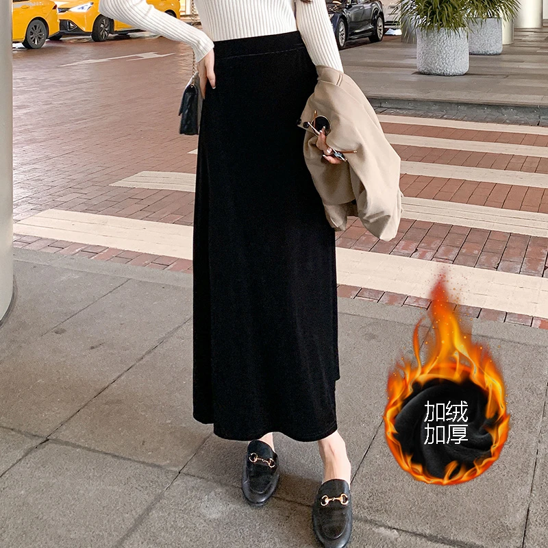 黑色包臀半身裙秋冬装新款高腰遮胯显瘦A摆后开叉金丝绒长裙