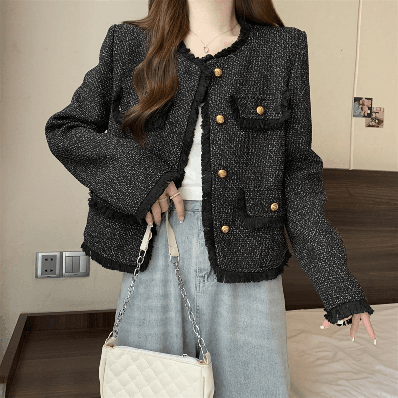 大码2023年秋季新款法式小香风粗呢外套女气质名媛短款长袖上衣