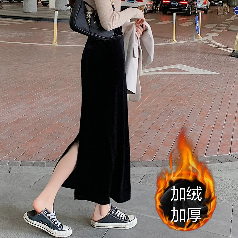 金丝绒半身裙黑色包臀裙长裙高腰开叉复古显瘦中长款一步裙小黑裙