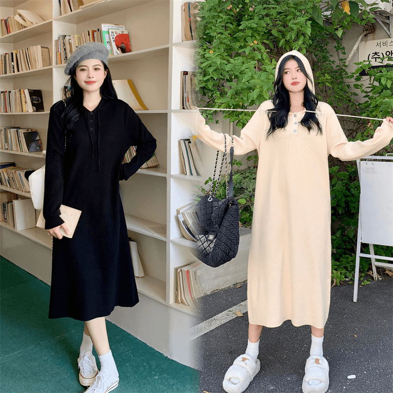 2023年秋冬新款大码胖mm时尚慵懒风连帽减龄配外套长款连衣裙女
