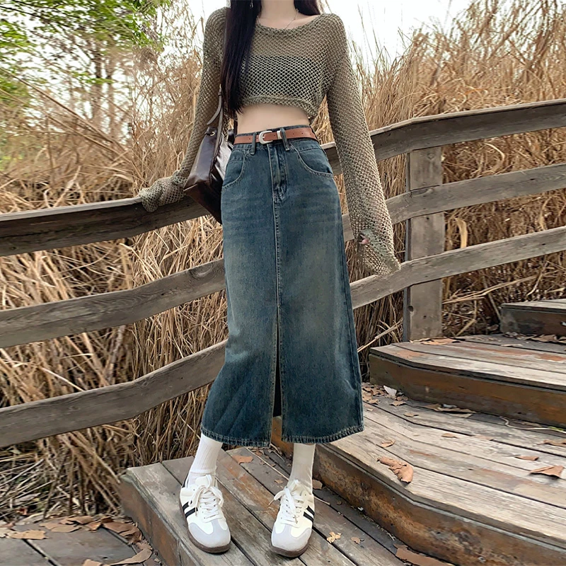复古开叉牛仔半身裙女秋季新款辣妹半裙小个子高腰中长款裙子