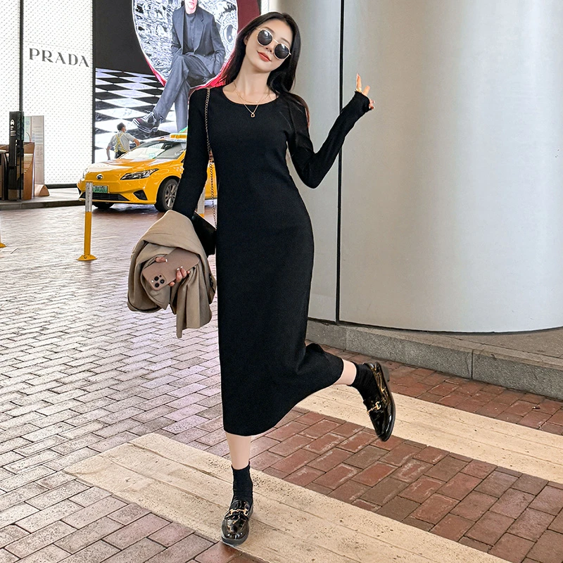 秋冬新款2023年韩版时尚慵懒风长款过膝休闲显瘦百搭连衣裙女潮