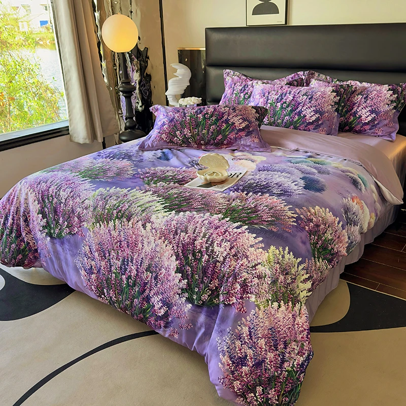 【王也】120支天丝棉四件套薰衣草8D数码印花床上用品被套四季通用