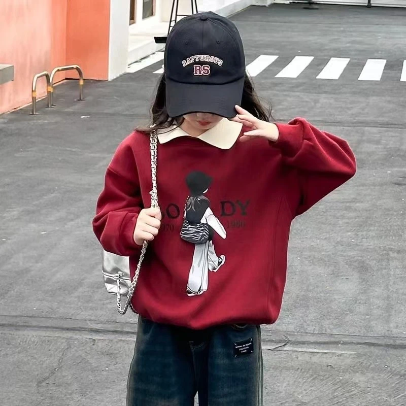 女童卫衣红色本命年春秋加绒翻领2024新款女孩洋气大儿童时髦潮流