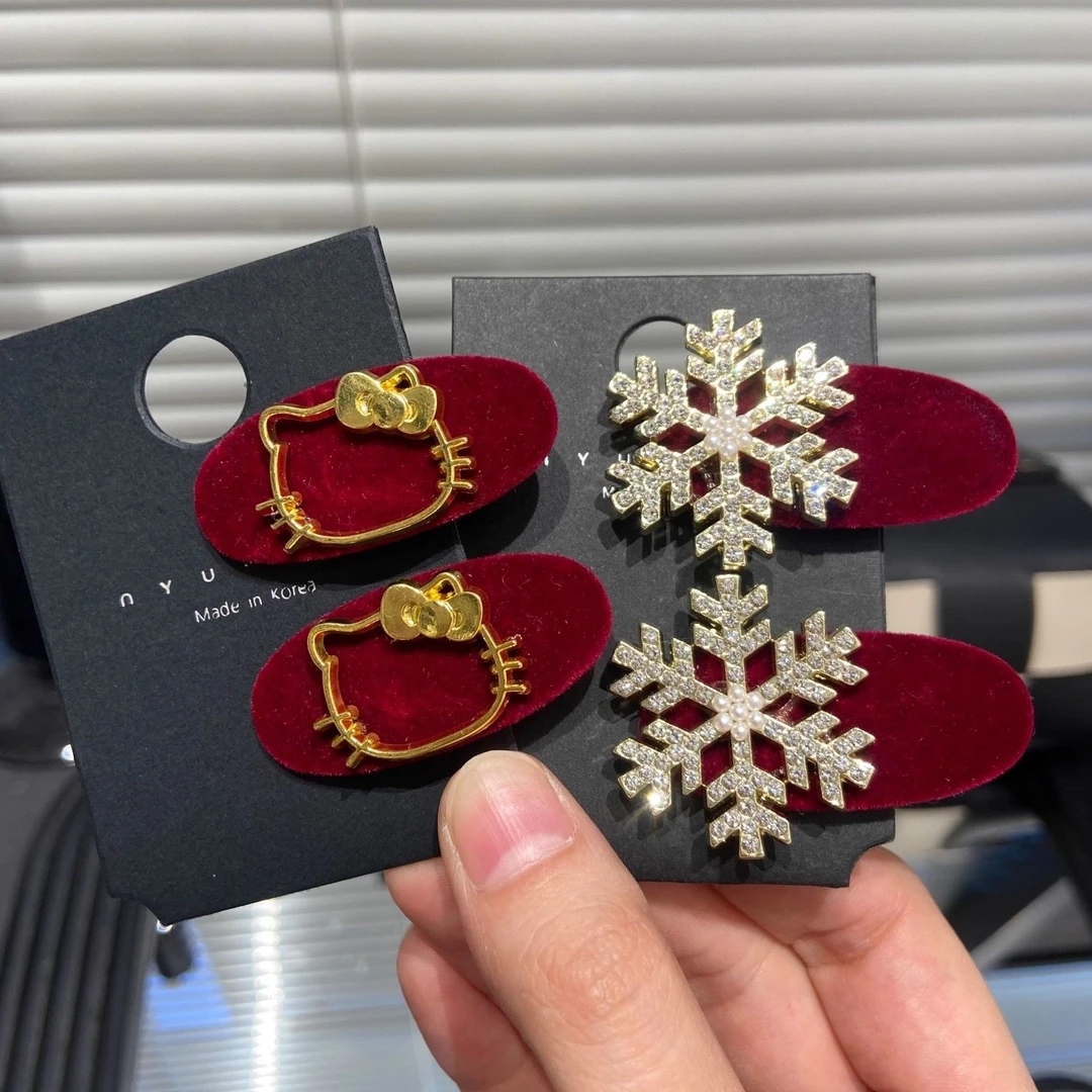 秋冬新款新年圣诞雪花小猫边夹微钻植绒蛋夹鸭嘴夹侧边女发夹