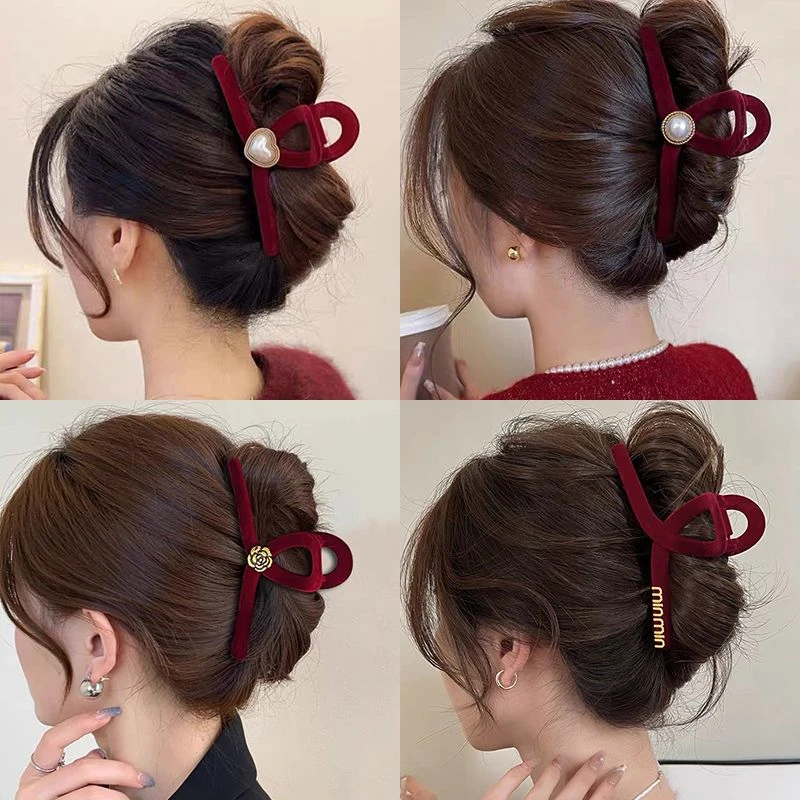 大号抓夹红色鲨鱼夹高级感发夹女后脑勺2024新款发抓丝绒夹子冬季