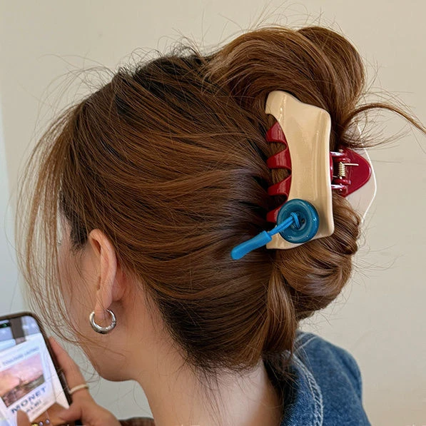 时尚气质拼色纽扣抓夹红色三角发夹发卡新款复古半扎鲨鱼夹发抓子