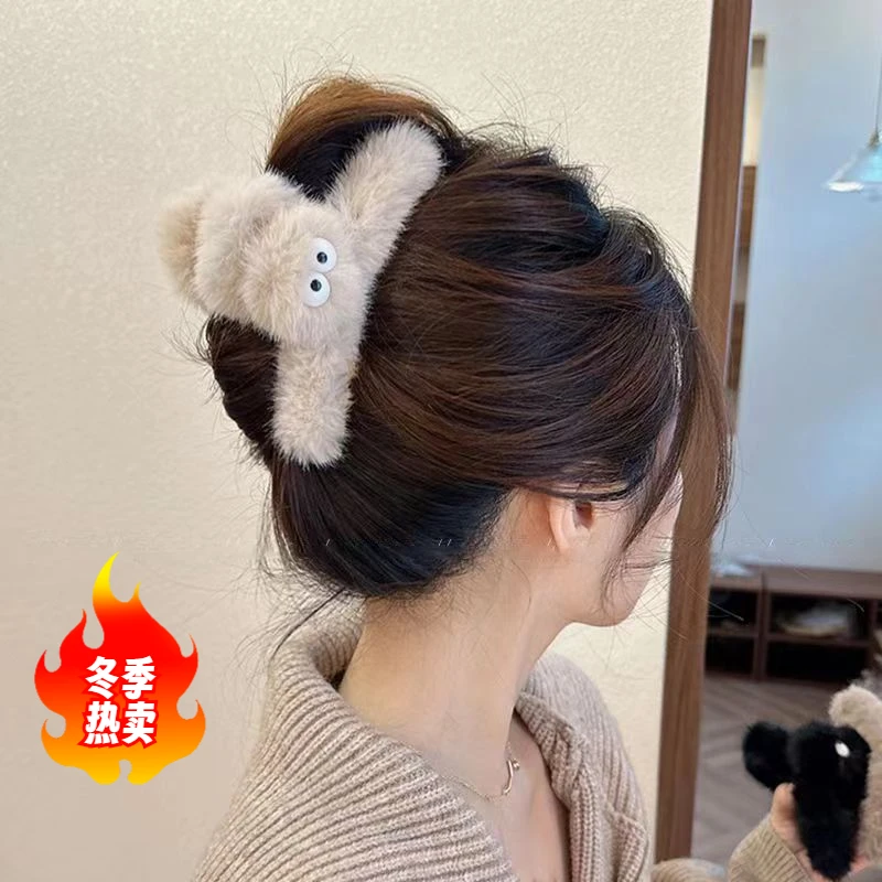 高档抓夹蕾丝秋冬夹子头饰发卡女可爱毛绒鲨鱼发夹大号新款后脑勺