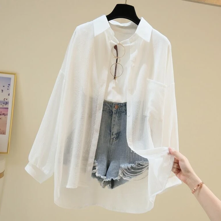 防晒衣服女夏季薄款外套新款宽松百搭长袖雪纺冰丝中长款透气衬衫