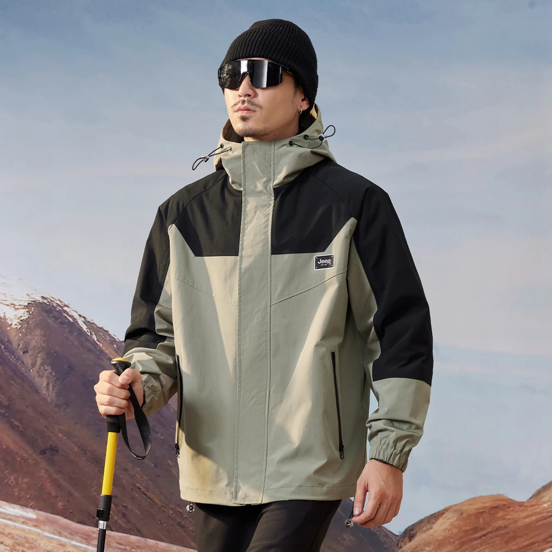 JEEP吉普连帽夹克男秋冬宽松户外拼接登山服休闲工装冲锋外套上衣