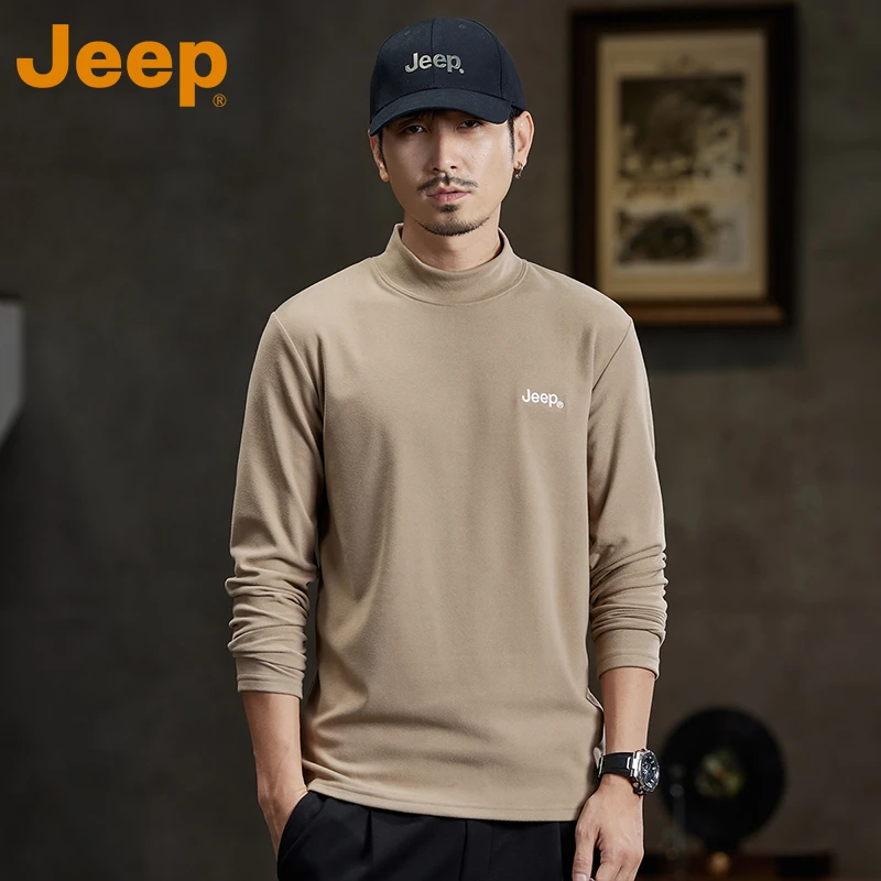 jeep吉普半高领卫衣男士秋冬长袖T恤双面绒打底衫内搭上衣服外套