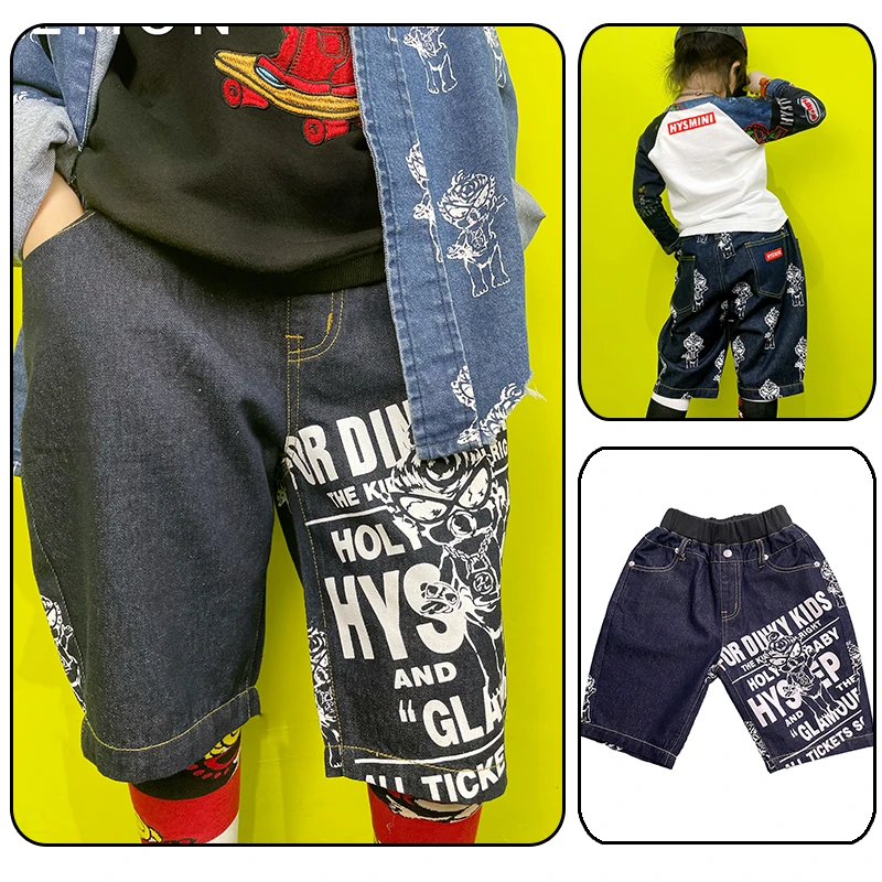 儿童超超爆款票贩子牛仔中裤 春秋薄款软料拼腰牛仔裤印花宽松