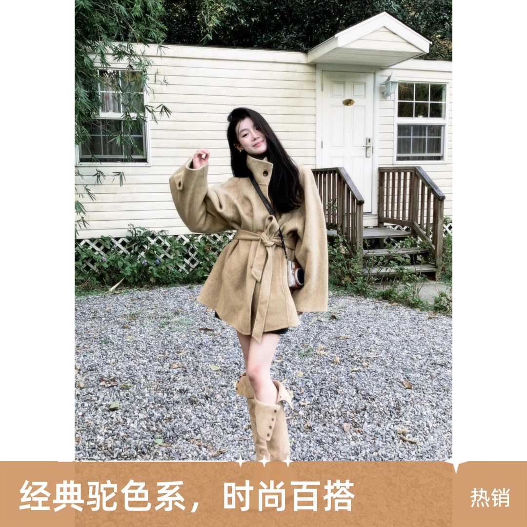 2024网红~ 洋气立领羊毛双面呢外套小个子慵懒大衣卡其色韩版