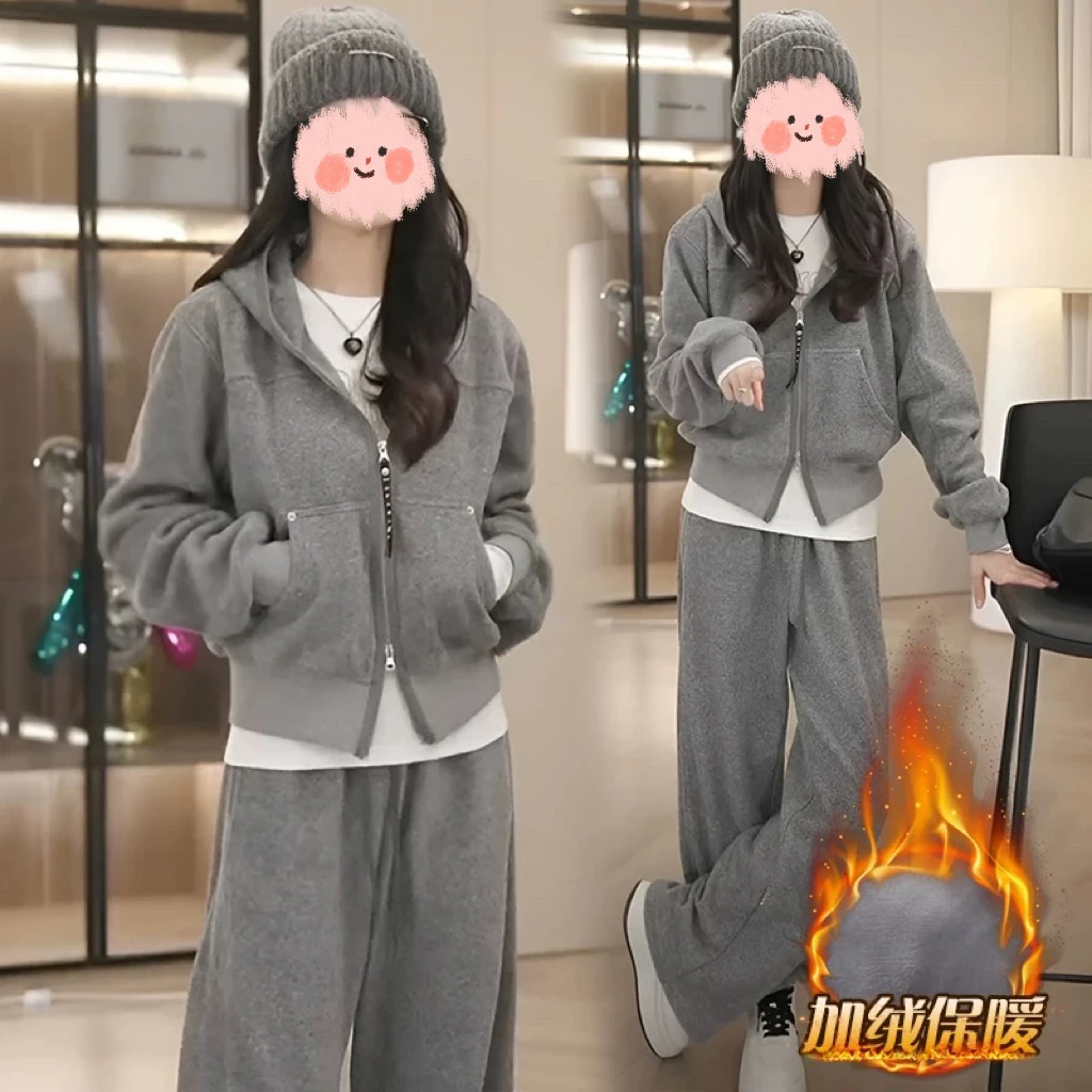 2024雾里雪花冬季加厚加绒连帽卫衣女运动宽松百搭休闲裤套装