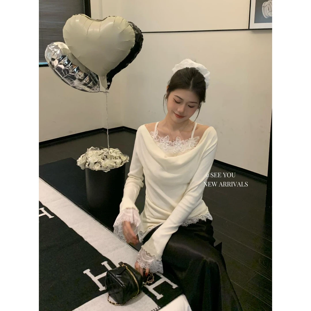 甜辣妹风设计感蕾丝拼接针织衫白色女装冬季杏色修身长袖上衣显瘦