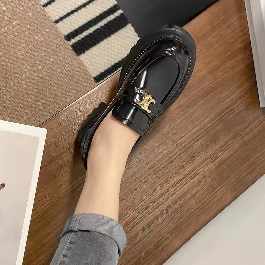 （工厂直销凯旋真皮）厚底乐福鞋英伦风女黑色一脚蹬真皮单鞋子软皮