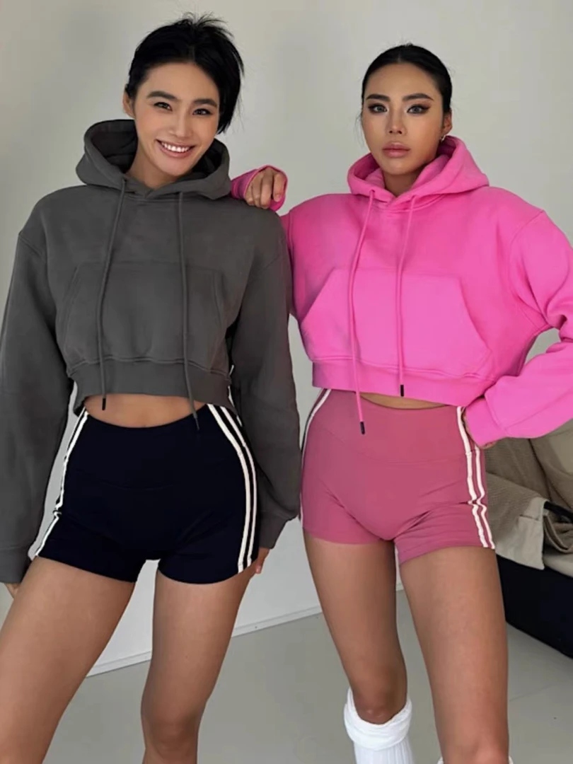 akiyo studio 加厚卫衣连帽外套欧美街头短款 收腰上衣女健身衣