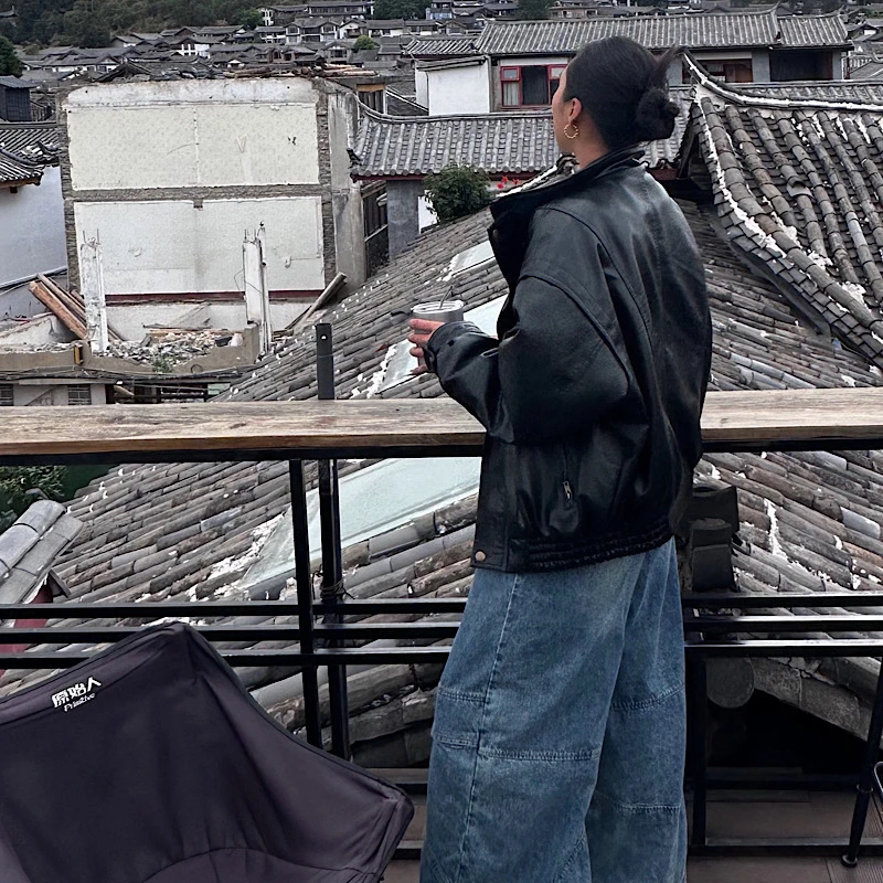 akiyostudio复古机车皮衣男女韩版短款立领夹克外套上衣ins潮流