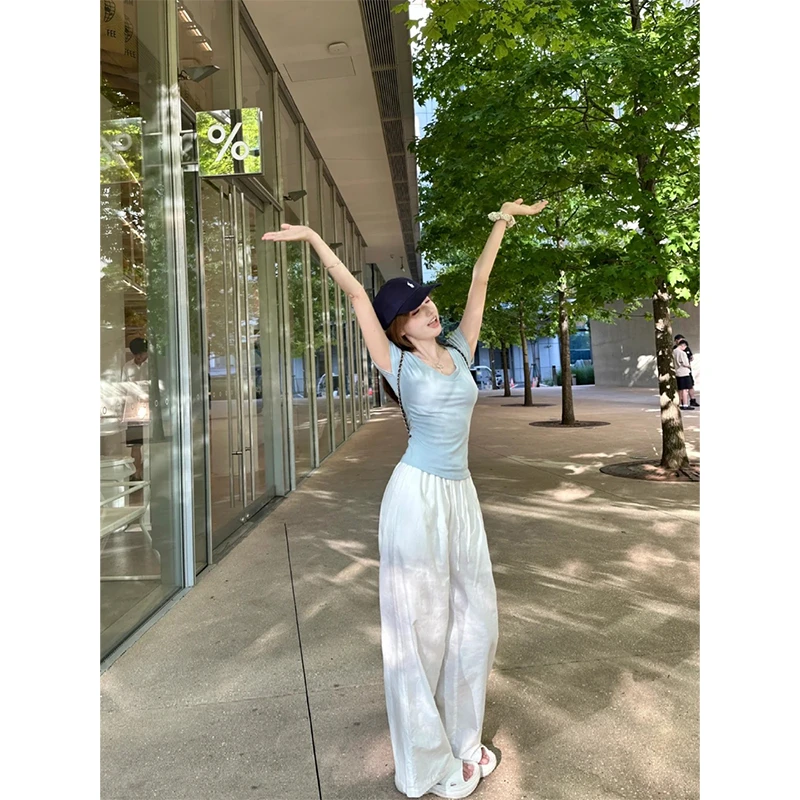 简约时尚小众修身显瘦T恤上衣女2025夏季高腰休闲宽松垂感阔腿裤