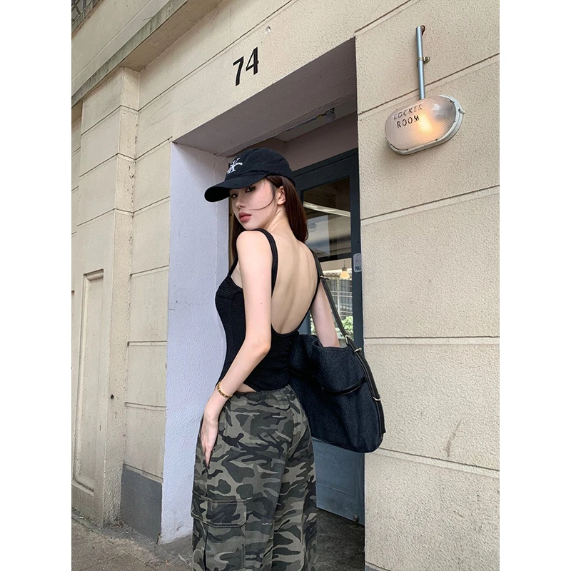 美式露背吊带背心夏季黑色修身内搭美背连体甜辣妹上衣高腰休闲裤