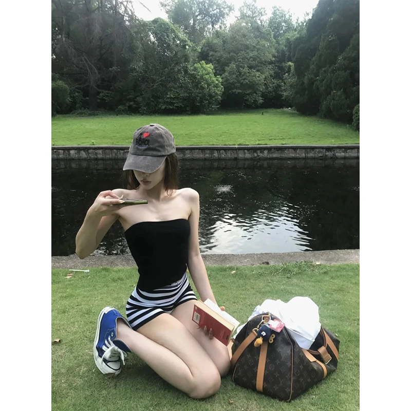 薄款防晒透气长袖衬衫纯欲风性感辣妹黑色抹胸背心条纹包臀短裤女