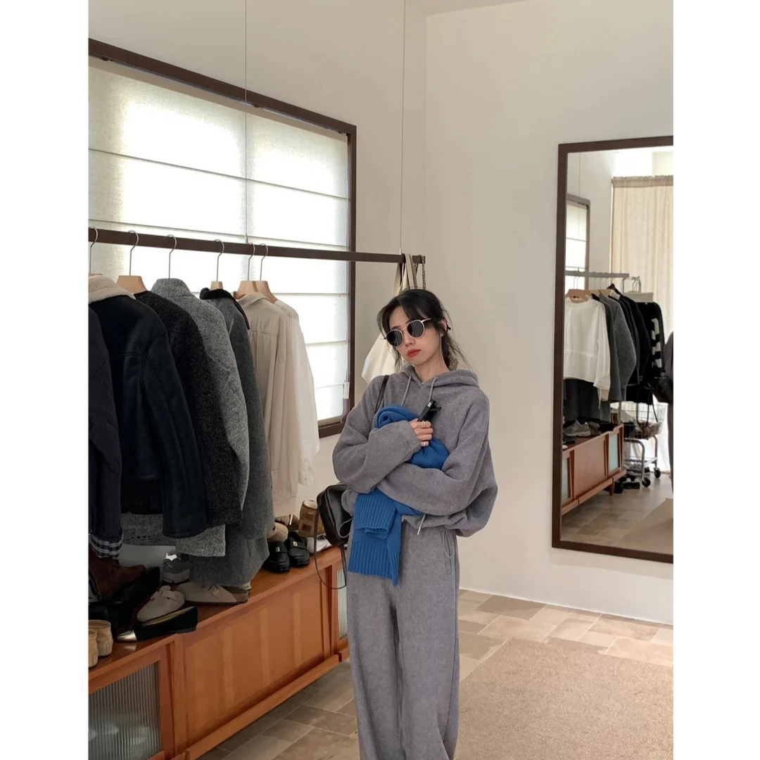 2024秋季新款韩系慵懒风连帽长袖上衣外套女高腰直筒阔腿休闲长裤
