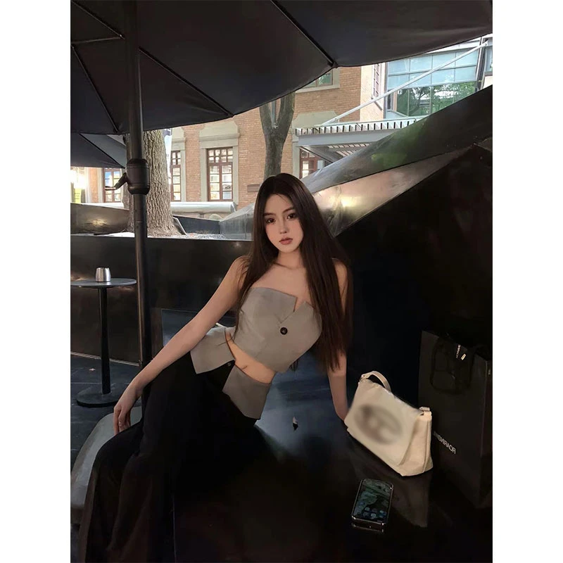 2025夏季新款设计感辣妹一字肩短款抹胸上衣时尚高腰直筒休闲裤女