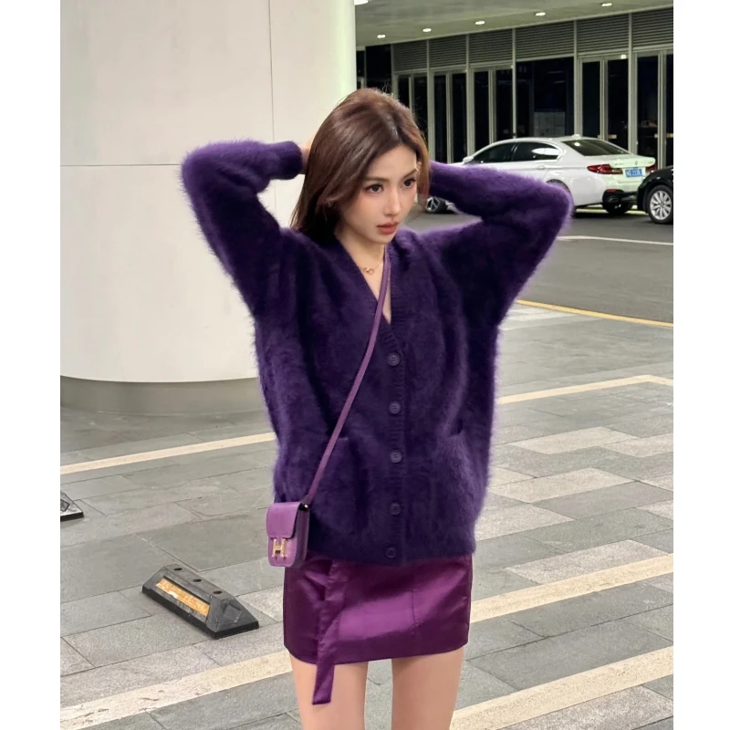 2024年春季新款慵懒风女气质时尚紫色毛衣开衫包臀短裙一整套搭配