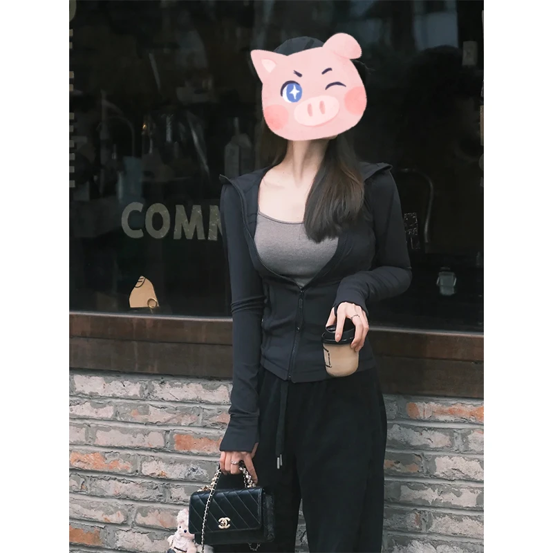 2025秋季新款修身显瘦拉链开衫长袖气质外套女高腰休闲抽绳阔腿裤