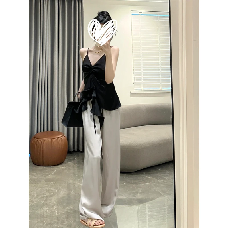 2025夏季新款设计感不规则别致绝美吊带背心上衣高腰垂坠感直筒裤