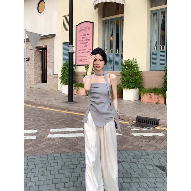 2025夏季新款一字肩T恤温柔气质显瘦设计感韩系上衣高腰休闲裤女