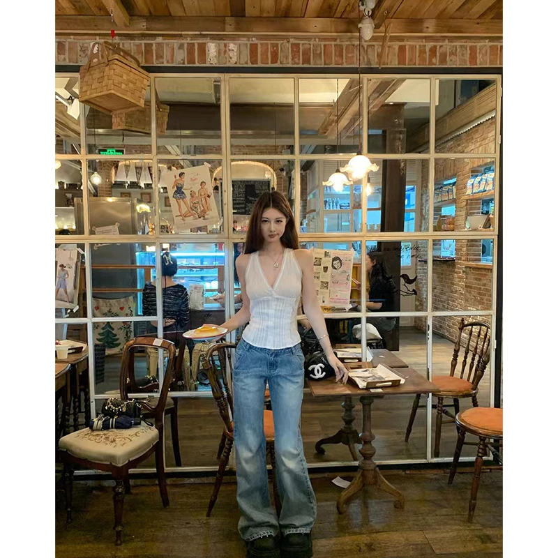 2025夏季新款纯欲风性感辣妹修身显瘦背心上衣高腰休闲牛仔阔腿裤