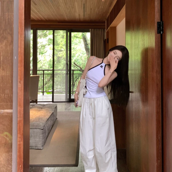 韩系辣妹无袖显瘦运动挂脖背心女2025夏季新款时尚高腰休闲阔腿裤