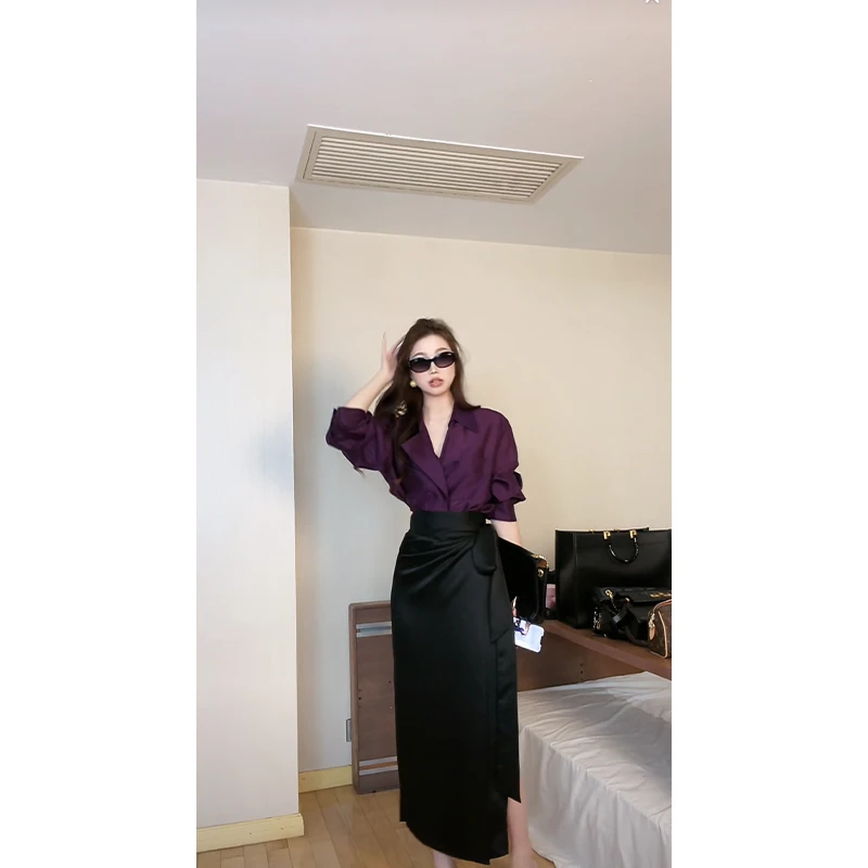 2025春季新款简约时尚气质轻熟风御姐长袖衬衫高腰包臀黑色大摆裙