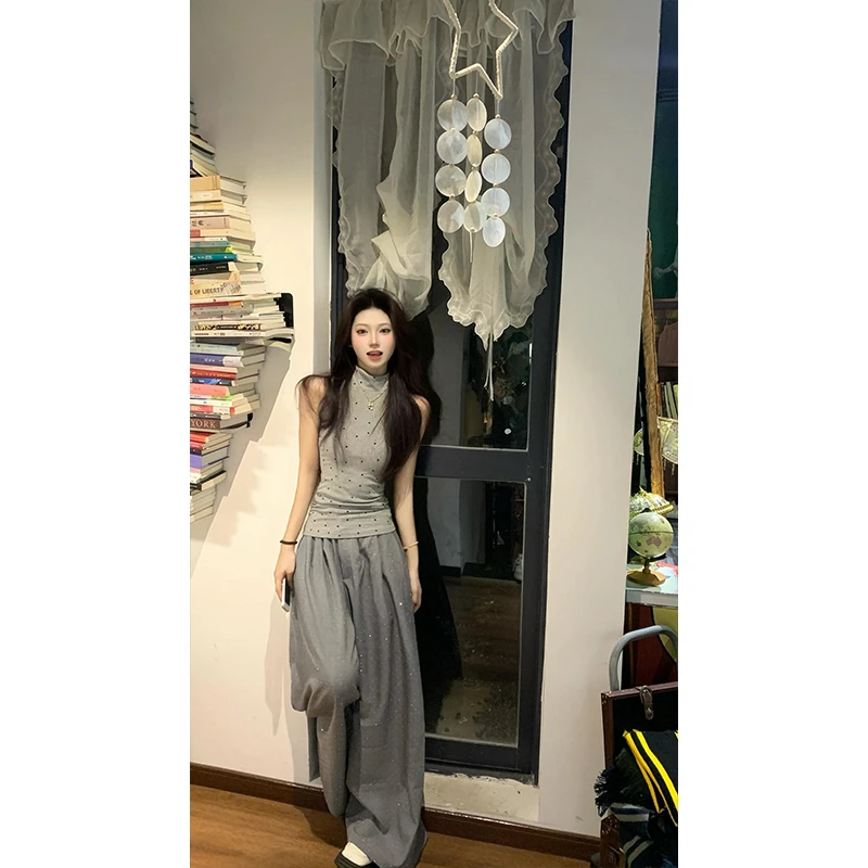 灰色波点半高领挂脖无袖t恤修身显瘦美式背心短款上衣高腰休闲裤