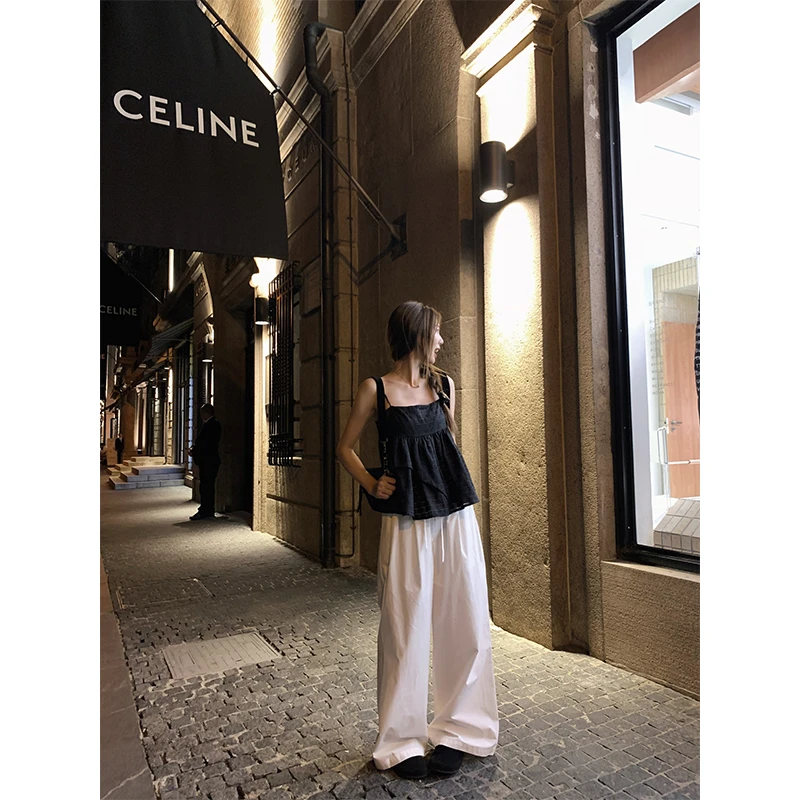 2025夏季新款黑色性感辣妹吊带背心上衣女高腰直筒白色垂感阔腿裤