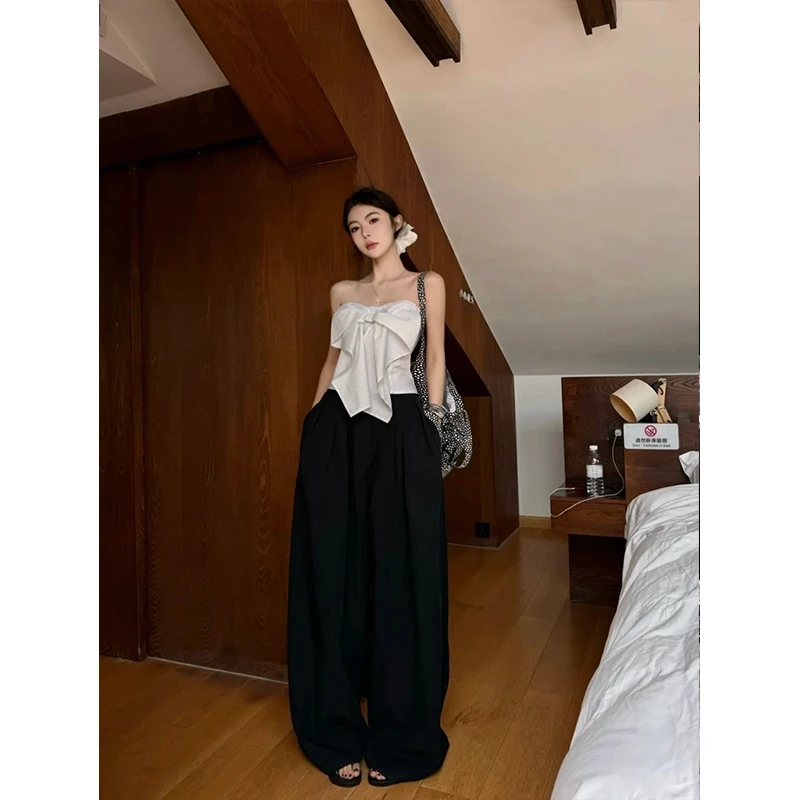 2025夏季新款时尚纯欲风修身蝴蝶结设计抹胸背心上衣宽松阔腿裤女