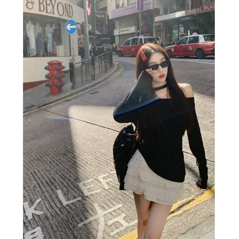 一字肩黑色挂脖长袖修身显瘦辣妹打底衫女春季新款白色蓬蓬A字裙