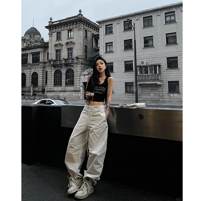 美式复古工装裤抽绳设计感休闲裤宽松阔腿裤子女黑色字母短款背心