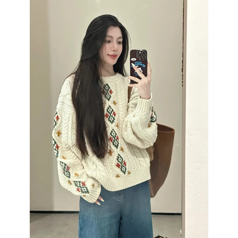 2025秋季新款时尚设计感慵懒风麻花针织衫上衣复古高腰牛仔长裤女