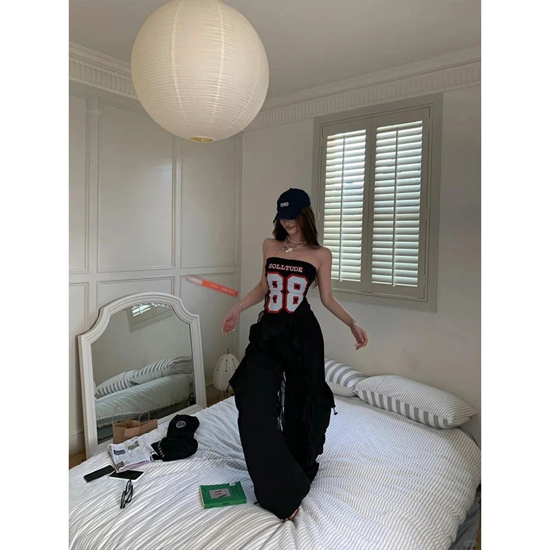 高级设计感时尚飘带性感辣妹抹胸背心上衣高腰直筒垂感工装阔腿裤