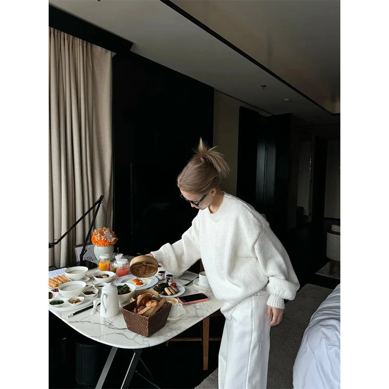 2025秋季新款时尚简约慵懒风长袖套头针织衫宽松毛衣高腰休闲长裤