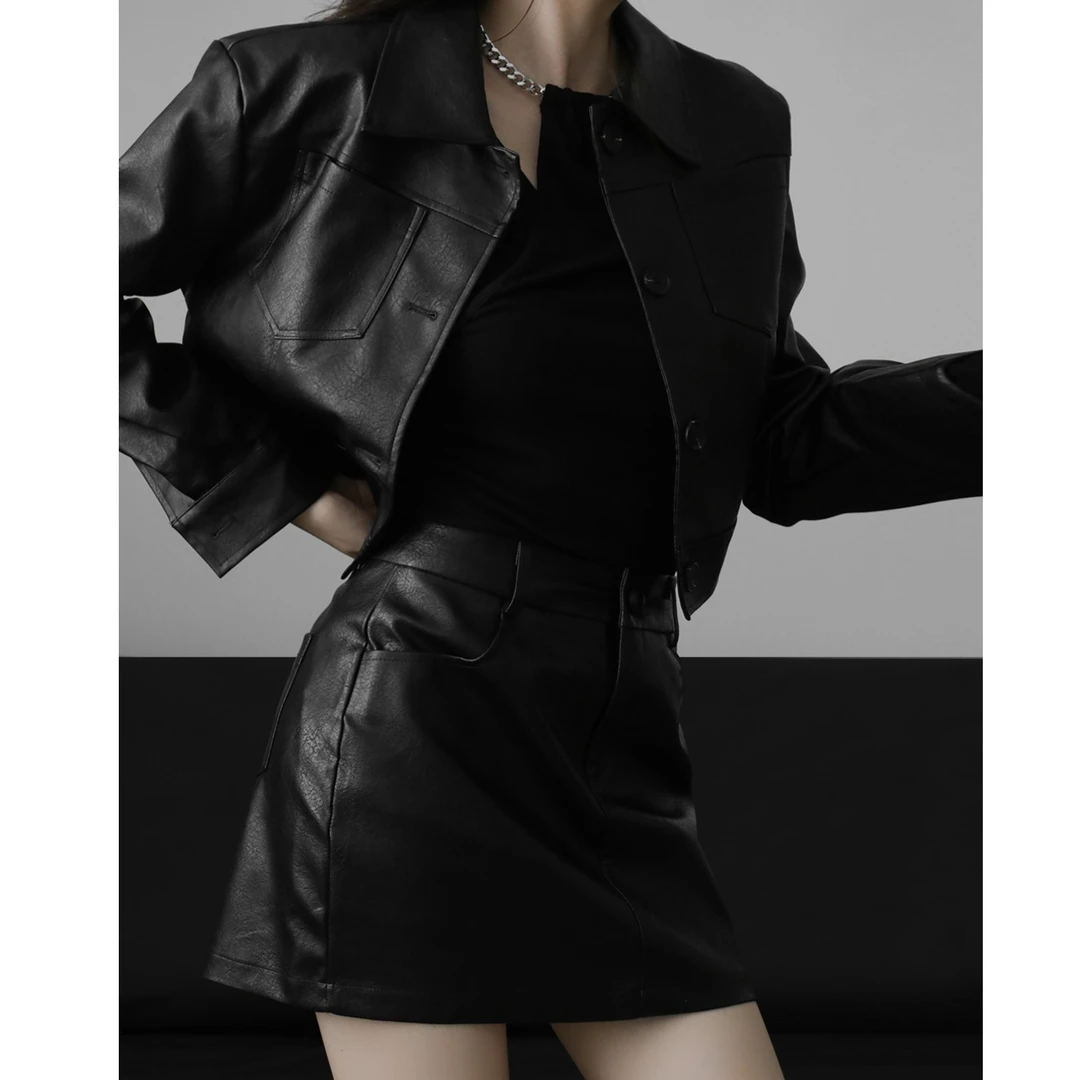 2025秋季新款黑色短款皮衣外套女小香风高腰包臀裙裤辣妹百搭短裙