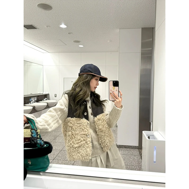 2025秋季新款时尚简约针织毛衣复古格纹拼接马甲背心高腰休闲长裤